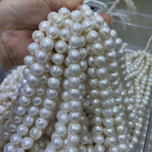 big round freshwater pearl 11-12mm near round pearl drill on side with stripe white 38cm/strand 3A