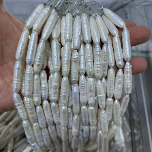 6X25mm stick pearl cylinder with stripe white 40cm/string 3A